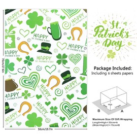 Double-sided St. Patrick's Day Wrapping Paper,6 Sheet Green Clover Shamrock Rainbow Plaid Gift Wrapping Paper Gift Wrap Art Paper for Kids Boys Girls St. Patrick's Day Wedding Birthday,27x20 Inches