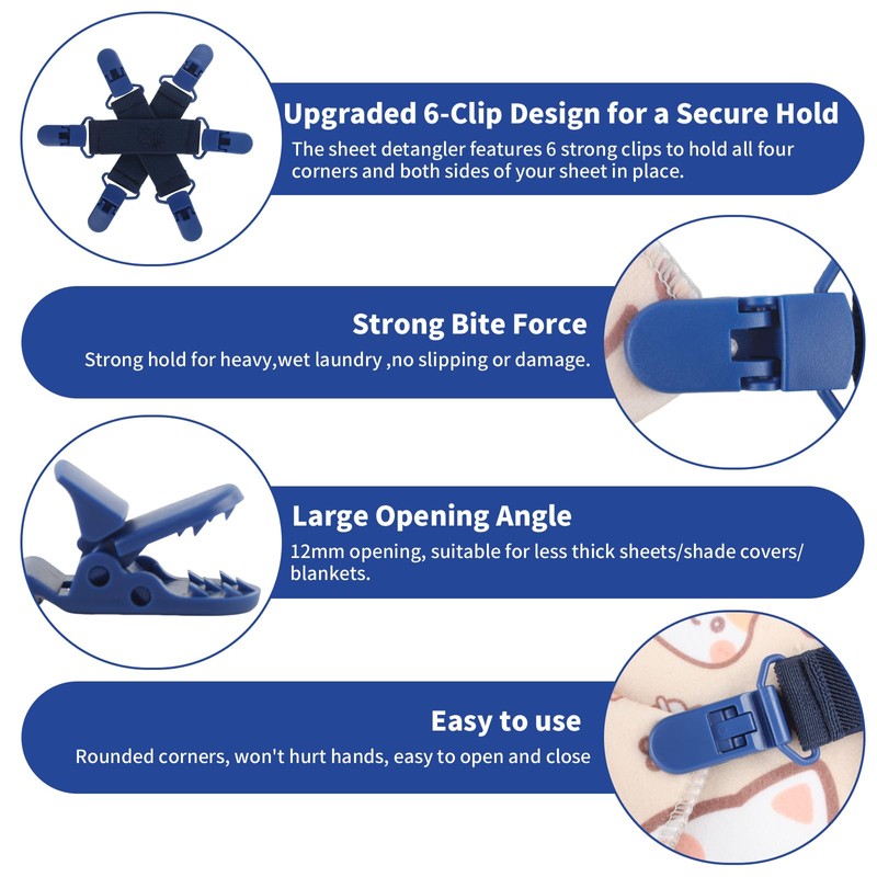 QOPAHI Bed Sheet Detangler with 6-Clip, WAD Preventer Stop Bed