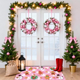 Riletese 2 Pcs Christmas Front Door Mat Outside Entrance, Pink Gingerbread House Welcome Mats for Front Door, Merry Xmas Buffalo Plaid Floor Doormats Funny Seasonal for Front Porch Entryway Decor