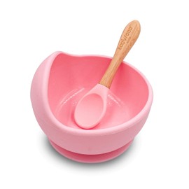Ecowood® Tazón/Plato Hondo/Bowl de Silicon con Cuchara de Bambú para Bebe y Niño Antiderrame, Ligero, Resistente y Seguro (Rosa)