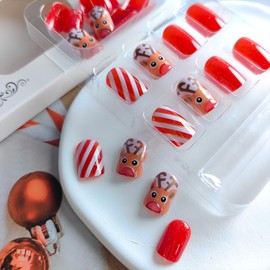 24Pcs Christmas Fake Nails Cute Press on Nails Short Square False Nails Red Glitter Full Cover Christmas Acrylic Nails 3D Kawaii Elk Glue on Nails Xmas Artificial Nails Stick on Nails for Winter Nails