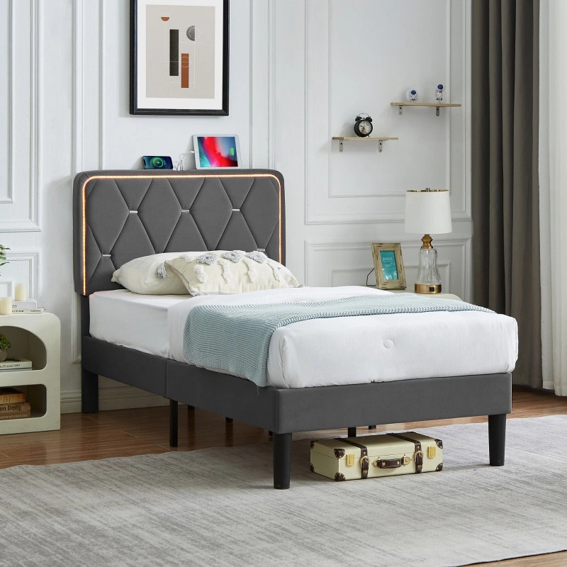 Vecelo LED Light Queen Full Twin Bed Frame with USB