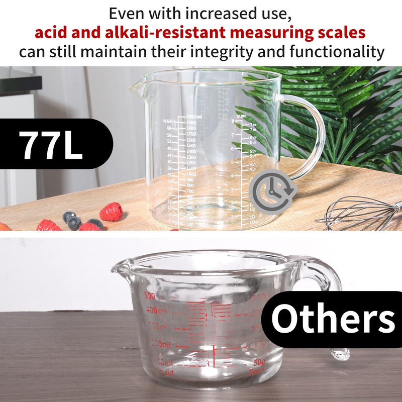 77L Glass Measuring Cup, [Insulated handle, V-Shaped Spout], High Borosilicate