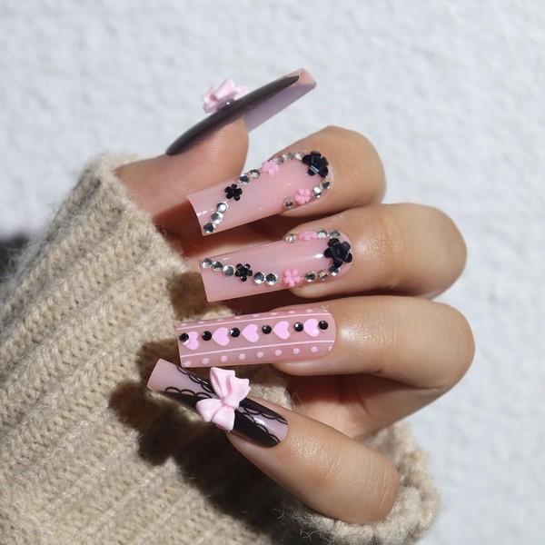 Square Press on Nails Long Fake Nails with 3D Floral