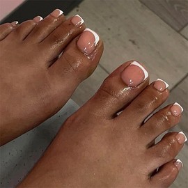 MISUD Press on Toenails Glossy Fake Toe Nails Glue on Toenails White French Tip Acrylic Toe Fake Nails False Toenails with Design Full Cover Press-on ToeNails for Women 24pcs