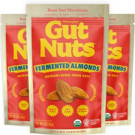 Philosopher Foods Gut Nuts - Fermented Almonds for Gut Health - Tangy, Umami, & Salty Flavors - Super Crunchy Low Carb Keto Snacks - Low Sugar Prebiotic & Postbiotic Almond Snacks - 3oz Pouch (3 Pack)