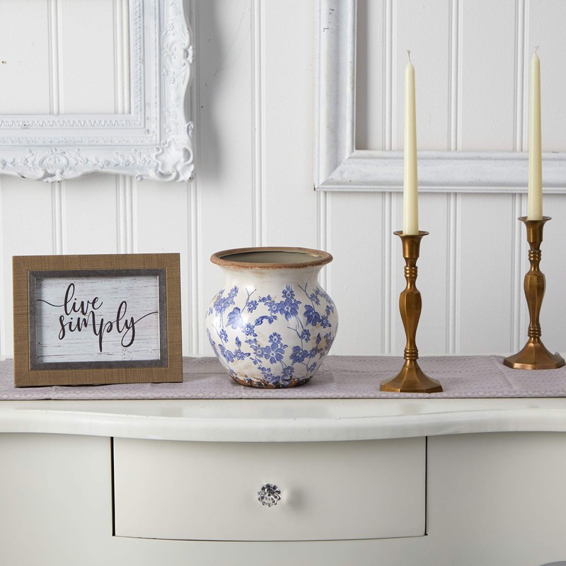 7in. Tuscan Ceramic Blue Scroll Urn Vase