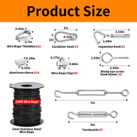 1/16" Wire Rope Kit,30M/100FT Black Vinyl Coated 304 Stainless Steel Cable,String Light Hanging Kit with Turnbuckle for Outdoor,Garden Wire(55 Pack)