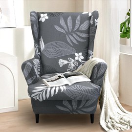 Alishomtll 3-Piece Wing Chair Cover with Ottoman Protective Cover Stretch Armchair Throws Elastic Armchair Cover Strandmon Tiger Chair Cover with Armrest High Backrest Universal (Grey Leaves)