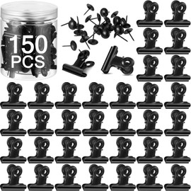 Dispowreath 150 Pcs Metal Clips with 150 Pcs Push Pins for Corkboard, 1.2 Inches Black Small Hinge Clips Heavy Duty for Hanging Pictures, Paper for Bulletin Board Office Photo Art Craft Wall