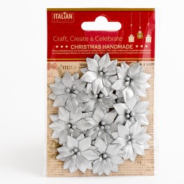 3.5cm Small Metallic Silver Poinsettia Christmas Flower Card Making Craft Decorations (Pack of 10)