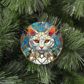 White Cat Christmas Ornament - Faux Stained Glass Embossed Design Effect - 2024 Acrylic Decoration For Tree - Unique Cat Gift and Home Decor