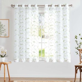 TOPICK Sheer Curtain Voile Curtains with Eyelets Leaf Embroidery Transparent Eyelet Curtain Gauze Pair Eyelet Curtains Leaf for Living Room Bedroom Store Curtains Decor Set of 2 Green on White 140 x 145 cm