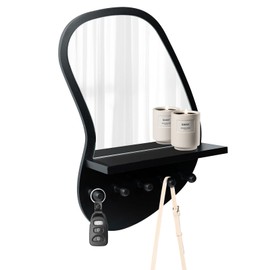 SANY DAYO HOME Wall Mount Wood Frame Irregular Mirror with 5 Wooden Hooks and Shelf, Modern Decorative Hanging Mirror for Entryway, Bedroom, Living Room (16″ x 12″, Black)