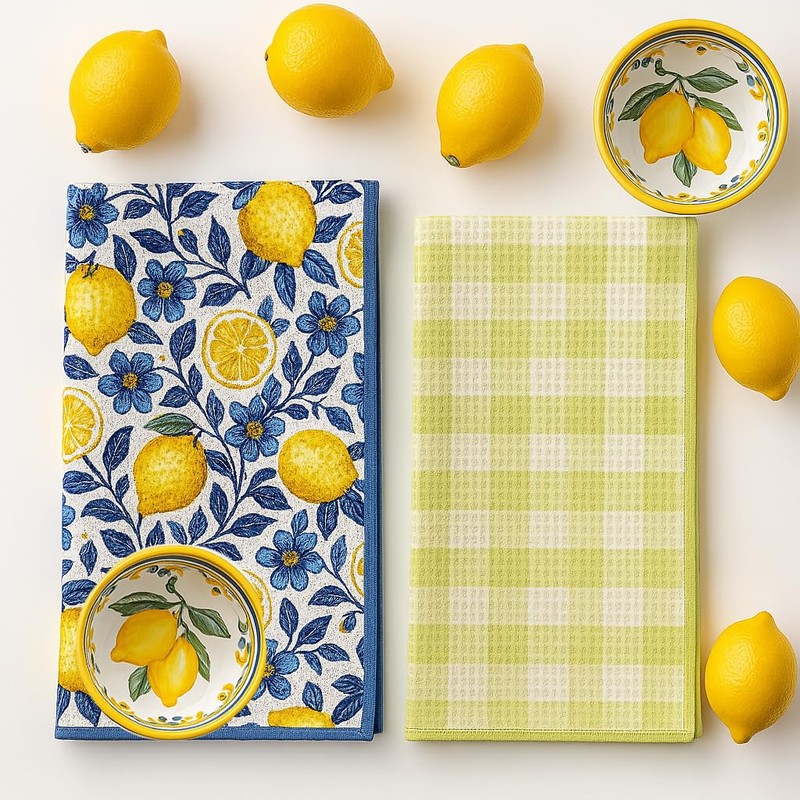 CERISE Lemon Kitchen Towels, Waffle Weave Microfiber, Blue and Yellow