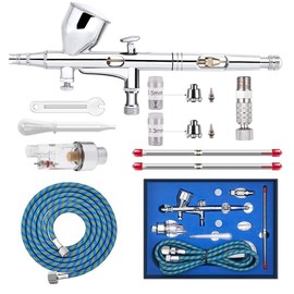 Ausuc Airbrush Double Action Air Brush Set, Gravity Type, 3 Types of Nozzles, 0.01 inch (0.2 mm), 0.01 inch (0.3 mm), 0.02 inch (0.5 mm), 0.3 inch (9 cc), Air Filter Included, High Precision, Motorcycle, Plastic Model, Paint