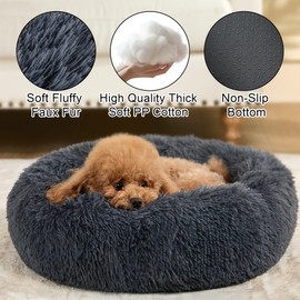 Kimpets Dog Calming Beds for Small Medium Large Dogs - Round Donut Washable Puppy Dog Bed, Anti-Slip Faux Fur Fluffy Donut Cuddle Anxiety Cat Pet Bed(28" Dark Grey)