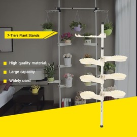 Lfhelper Plant Stand Tension Rod Shelf Window Plants Hanger, Adjustable Hanging Plant Stand Indoor Window Sill Plant Tray 7-Tier Display Stand for Flower Multiple Plants, w 6 Trays & 1 Arm Hanging Rod