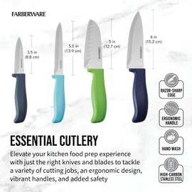 Farberware Chef Knife Set with Colorful Handles, Stainless Steel Blades with Blade Covers Included, Versatile Kitchen Knives, 4-Piece
