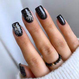 Black Press on Nails Christmas Short Square Fake Nails Snowflake Designs Glitter Glue on Nails Xmas False Nails Short Winter Acrylic Stick on Nails for Women 24 Pcs