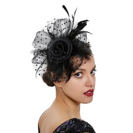 ZARSIO Fascinators Hat for Women Tea Party Headband Derby Feather Hair Clip Flower Mesh Feathers Headwear for Cocktail (Black)