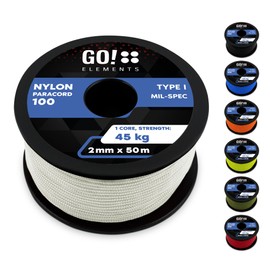 GO!elements 50 m Paracord 2 mm Rope Made of Tear-Resistant Nylon Cord - Paracord 100 Type I Survival Cord - Tear-Resistant up to 45 kg - All-Purpose Rope, Repair Cord, Mason's Cord, Colour: White