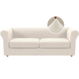 H.VERSAILTEX 3 Pieces Stretch Chesterfield Couch Cover 2 Cushion Sofa Mid Century Deep Seat Slip Covers for Sofas/Couches with Elastic Bottom Thicker Jacquard Fabric(Medium-XL Sofa, Ivory)