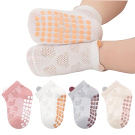 Baby Toddler Girls Boys Non Slip Grip Socks with Cute Ears Breathable Mesh Soft Cotton Anti-Skid Dots Ankle Socks for Crawling & Walking,4 Pairs