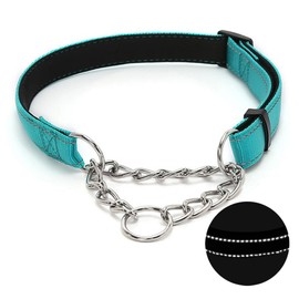 Martingale Dog Collar with Stainless Steel Chain, Adjustable Soft Padded Nylon Reflective Collar, No Pull Heavy Duty Chain Walking Training Colllars for Large, Medium, Small Dogs(Green, 10.6" - 15.7")