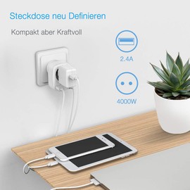 TESSAN TESSAN USB Steckdose, Mehrfachstecker f1r Steckdose, 3600W Steckdosenadapter, Mehrfachstecker Schuko Stecker mit 2 USB, Mehrfachsteckdose Adapterstecker, Ladestecker Netzteil f1r Phone, Wei?