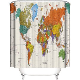 LIVETTY World Map Bathroom Shower Curtains Fabric Shower Curtain Waterproof Curtains for Bathroom Quick-Drying Kitchen Curtains Machine Washable with 12 Hooks-Multi-Color 200x200 cm