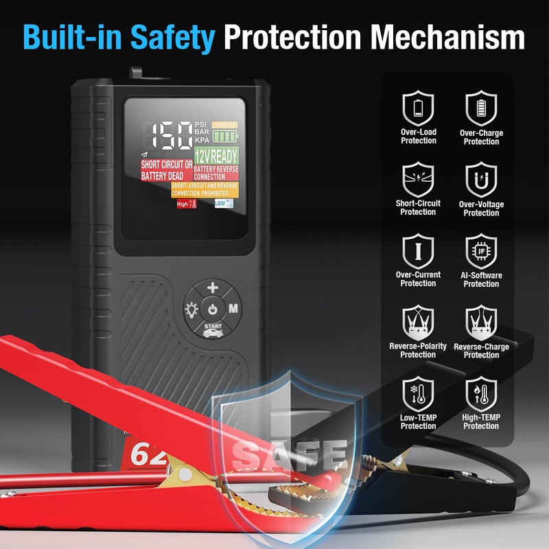 CS02 6250A Peak Jump Starter with Air Compressor, 12000mAh Battery