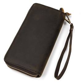 Genuine Leather Clutch Purse Wallet for Men Women Wristlet Zipper Passport Coin Cell Phone Card Carrier Organizer Holder Wrist Bag Pack for Business Travel Casual Handbag Deep Brown