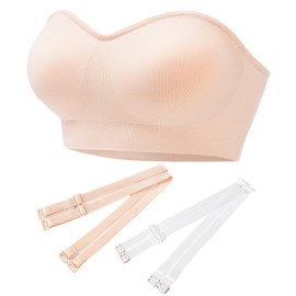 PRETTYWELL Strapless Bras for Women Padded Bandeau Bra Non-Slip Wireless Comfort Seamless Tube Top Bralette with Straps Beige