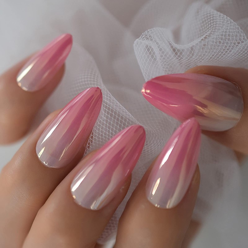 Coolnail Gradient Pink Press on False Nail Shiny Mirror Aurora