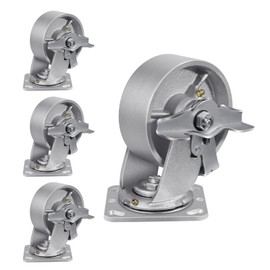 ASOMWLS 5" X 2" Caster Wheels, Heavy Duty Industrial Casters, Steel Casters 4000 Lbs Capacity with Roller Bearing, Set of 4 Cast Iron Wheels, Metal Casters(4 Brake)