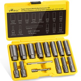 Topec 15PCS Deep Bolt Extractor Kit, 6mm-19mm Nut Extractor Socket Set, 3/8" Drive Rounded Bolt Remover, Spark Plug Extractor Tool for Broken, Stripped, Damaged, Rusted Stud and Bolt Nuts