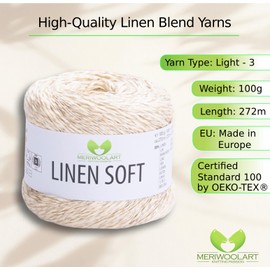 MeriWoolArt ® Linen Soft Yarn - Premium Natural Linen Cotton Blend, Environmentally Friendly Knitting & Crochet Yarn, 100 g Strand, Breathable & Soft, Multicoloured Options