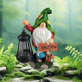 ycwarmxx Garden Gnome Statue with Welcome Sign and LED Lantern, Solar Powered Indoor Outdoor Christmas Decorations, Funny Fairy Garden Solar Gnomes Decorations for Yard, Patio, Lawn, Indoor