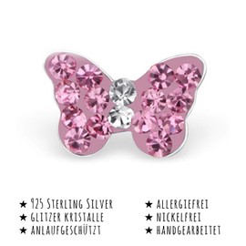 Monkimau 925 Sterling Silver Ladies, Women's, Girls’ Butterfly Stud Earrings with 32 Sparkly Crystals in Pink, Children's Jewellery, Silver