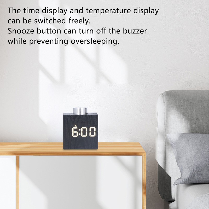 LED Knob Alarm Clock Digital Thermometer Display Imitation Wood Grain