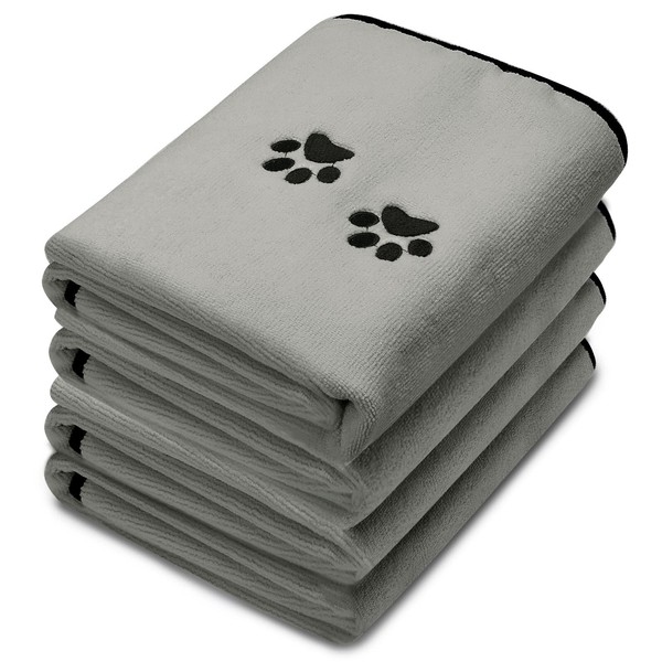 Irenare 4 Packs Microfibre Dog Towel for Drying Dogs Soft and Absorbent Pet Bath Towel with Embroidered Paw (Grey, 90 x 50 cm)