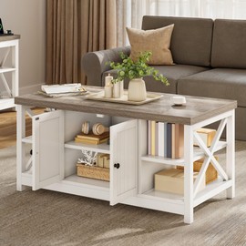 YITAHOME Coffee Table with Storage, Farmhouse Coffee Tables for Living Room, Rectangle Coffee Table 2 Tiers Shelf, CenterTable Space Saving Living Room Small Tables, Easy Assembly, Brown and White