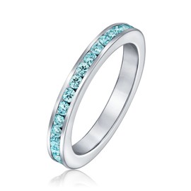 Aqua Blue Cubic Zirconia Stackable CZ Channel Set Eternity Band Ring For Women Simulated Aquamarine .925 Sterling Silver