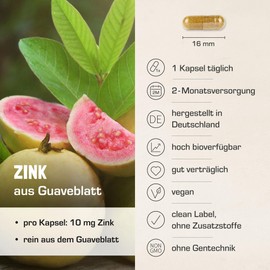 Natural Zinc from Guava Leaf | in Glass | Zinc High Dose 10 mg | 100% Daily Requirement | 2 Month Supply | Zinc Vegan | Guava Leaf Extract | Zinc | Made in Germany