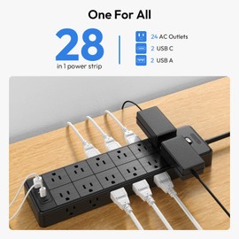 24 Widely Outlets Extension Cord 15 Ft NTONPOWER 15A/1875W Power Strips with Surge Protection 4000J,Black Extension Cord Surge Protector with 4 USB Ports(2 USB C), Wall Mount Holes for Home, Office