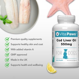 Cod Liver Oil for Dogs 550mg | 180 Soft Gel Capsules | Support the Health of The Skin and Coat | Manufactured in the UK