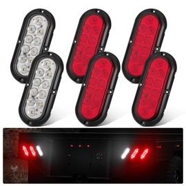 6PCS 6 Inch Oval LED Trailer Tail Lights, 4 Red & 2 White 10 LED 6" Led Turn Stop Brake Reverse Back Up Tail Lights, IP67 Waterproof Surface Mount for 12V Truck RV Boat Caravan, No Need to Cut Holes