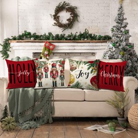 FUYUCHEN Merry Christmas Pillow Covers 18x18 Inch Joy Christmas Nutcracker Pine Twigs Throw Pillow Cases for Holiday Farmhouse Decorations Sofa Couch Set of 4