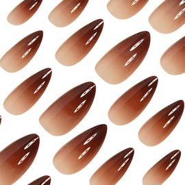 Brown French Tip Press on Nails Almond Almond Fake Nails with Designs Medium Length Artificial Nails Stick on Nails Full Cover Acrylic Nails Glue on False Nails for Women 24 Pcs